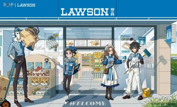 Rule 34 | 1girl, 3boys, ada mesmer, ahoge, apron, bag, bag of chips, bald, barcode scanner, baseball cap, belt, black belt, black gloves, black hair, black pants, blue apron, blue hat, blue headband, blue necktie, blue shirt, blue shoes, boots, box, brown boots, brown hair, brown shoes, bucket, button eyes, buttons, cake, cardboard box, carrying over shoulder, character doll, chinese commentary, claw (weapon), clipboard, collared shirt, commentary, contrast collar, convenience store, copyright logo, copyright notice, covered face, curtained hair, day, doll, drink carton, emil (identity v), employee uniform, english commentary, fingerless gloves, flower, food, freckles, frilled skirt, frills, full body, gloves, grass, green eyes, grin, hat, headband, highres, holding, holding barcode scanner, holding box, holding clipboard, holding milk carton, holding mop, holding pen, identity v, jack (identity v), jester cap, lace-up boots, lawson, layered sleeves, logo, long hair, long sleeves, looking at viewer, masked, medium skirt, mike morton, milk carton, mixed-language commentary, mop, multicolored shoes, multiple boys, neck ruff, necktie, official art, outdoors, overalls, oxfords, pants, parted bangs, pen, platform truck, poster (object), red lips, rug, shadow, shelf, shirt, shoes, shop, short hair, short over long sleeves, short sleeves, shoulder bag, sideways hat, single glove, skirt, sleeves rolled up, smile, sneakers, standing, stitched mouth, stitches, storefront, striped apron, striped clothes, striped hat, striped shirt, stuffed animal, stuffed dog, stuffed toy, tile floor, tiles, towel, tucking hair, two-tone apron, two-tone shoes, untucked shirt, vertical-striped apron, vertical-striped clothes, vertical-striped shirt, wavy hair, weapon, welcome mat, white apron, white flower, white mask, white overalls, white shirt, white shoes, white skirt, xualwqy