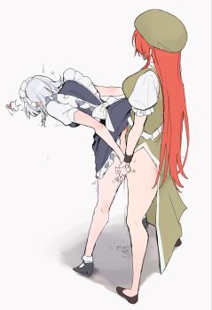 2girls apron arm_held_back ass bow bowtie braid braided_sidelock braided_sidelocks breasts clothed_sex doggystyle dress embodiment_of_scarlet_devil futa_with_female futanari green_bow green_bowtie green_hat green_vest hanging_breasts hat hat_ornament highres hong_meiling izayoi_sakuya long_hair maid maid_apron maid_headdress multiple_girls puffy_short_sleeves puffy_sleeves sarukana sex sex_from_behind shirt short_sleeves side_braids simple_background touhou twin_braids vaginal vest white_background white_headdress white_shirt