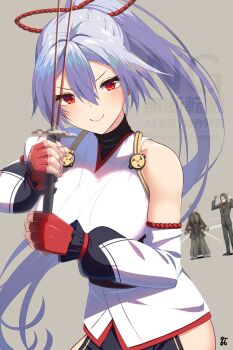 Rule 34 | 1girl, 2boys, blue hakama, blush, breasts, clothing cutout, detached sleeves, fate/grand order, fate (series), fingerless gloves, gloves, hair between eyes, hakama, hakama pants, highres, hip vent, japanese clothes, katana, kimono, kuroshiro (ms-2420), large breasts, long hair, looking at viewer, lord el-melloi ii, multiple boys, obi, pants, ponytail, red eyes, red gloves, sash, short kimono, single sleeve, smile, solo focus, sword, tomoe gozen (fate), tomoe gozen (first ascension) (fate), waver velvet, weapon, white hair, white kimono, yagyuu munenori (fate)