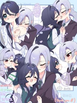 2girls :d ^_^ armband artist_name black_hair black_jacket blue_eyes blush clenched_teeth closed_eyes commentary eiai_nano eyes_visible_through_hair french_kiss grey_hair hair_between_eyes happy heart hickey highres holding_hands interlocked_fingers jacket kimi_no_koto_ga_dai_dai_dai_dai_daisuki_na_100-nin_no_kanojo kiss kissing_cheek like_and_retweet long_hair long_sleeves multiple_girls multiple_views neck_ribbon ohananomitsu_high_school_uniform one_eye_closed open_mouth pikyu red_eyes red_ribbon ribbon saliva saliva_trail school_uniform shirt single_bare_shoulder single_off_shoulder smile tears teeth tongue tongue_out twitter_username undone_neck_ribbon white_shirt wince yoshimoto_shizuka yuri