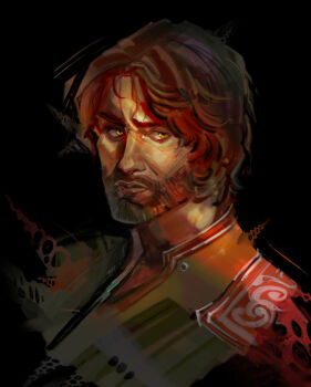 1boy aegyo_sal arcane_survivor_jayce beard brown_hair crack_of_light facial_hair highres league_of_legends looking_at_viewer male_focus official_alternate_costume orange_eyes portrait serious short_hair solo zzhmurrka