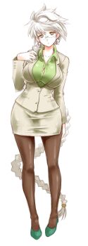 10s 1girl absurdly_long_hair absurdres alternate_costume asymmetrical_hair bespectacled braid breasts bursting_breasts earrings female_focus formal_clothes full_body glasses green_nails green_shirt green_shoes hair_over_shoulder hand_on_own_chest high_heels highres huge_breasts jacket jewelry jitome kantai_collection long_hair nail_polish office_lady open_mouth pantyhose pencil_skirt shirt shoes silver_hair simple_background single_braid skirt skirt_suit solo suit uguisu_kagura unryuu_(kancolle) very_long_hair wavy_hair yellow_eyes