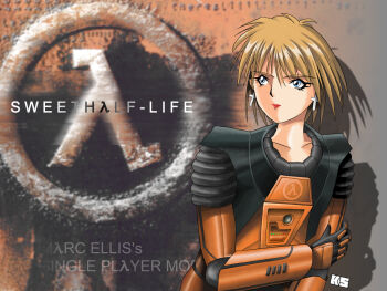 armor blonde_hair blue_eyes female_focus half-life hev_suit koumei_satou lambda_symbol power_armor solo