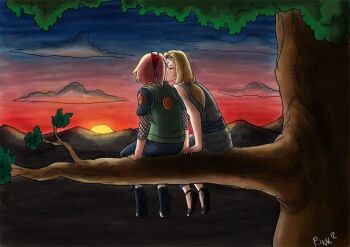 Rule 34 | 2girls, age difference, blonde hair, haruno sakura, kiss, long hair, multiple girls, naruto (classic), naruto (series), naruto shippuuden, pink hair, sitting, tsunade (naruto), yuri