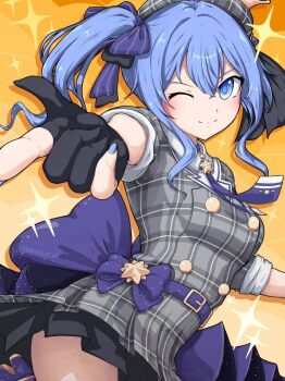 Rule 34 | 1girl, black gloves, black skirt, blue eyes, blue hair, blue nails, blush, bow, breasts, collar, gloves, hair ribbon, hat, highres, hololive, hoshimachi suisei, medium breasts, medium hair, necktie, one eye closed, partially fingerless gloves, pleated skirt, pointing, ribbon, skirt, sleeves rolled up, smile, solo, star (symbol), teaholic, virtual youtuber