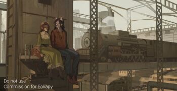 1boy 1girl absurdres animal_ears brown_hair brown_shirt collared_dress collared_shirt commentary dangling denim dog_ears dog_tail dress english_commentary full_body furry green_dress head_tilt highres jeans ledge long_hair looking_at_another ma_someru original outdoors pants shirt sitting smoke steampunk tail train