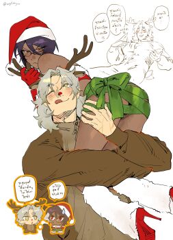 1boy 1girl :q alt_text animal_costume animal_ears antlers bare_shoulders bikini blonde_hair blush boots bound bright_pupils carrying carrying_person chibi chibi_inset christmas cigarette closed_eyes commentary commentary_request couple cowboy_shot dark-skinned_female dark_skin deer_ears dot_nose elbow_gloves english_commentary eyelashes fake_animal_ears foot_out_of_frame from_behind frown full_body fur-trimmed_bikini fur-trimmed_boots fur_trim glasses gloves green_ribbon hair_between_eyes half-closed_eyes hat highres horns looking_at_another medium_hair one_eye_closed open_mouth original outline purple_hair red_boots red_eyes red_gloves reindeer_antlers reindeer_costume ribbon ribbon_bondage santa_bikini santa_costume santa_hat scar scar_on_hand short_hair simple_background smoke speech_bubble sweatdrop swimsuit thai_commentary thai_text thighs tongue tongue_out translated twitter_username unholymilk upper_body white_background white_fur white_pupils yellow_eyes yellow_outline