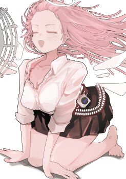 1girl absurdres angel arknights barefoot black_skirt breasts cleavage commentary_request detached_wings earrings electric_fan feet halo highres jewelry large_breasts lemuen_(arknights) long_hair miniskirt open_mouth pink_hair shirt simple_background skirt solo taiiiyakiii thighs toes white_background white_shirt wings