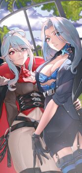 2girls ahoge black_corset black_gloves black_jacket blue_bra blue_eyes blue_jacket bra brown_shirt commentary corset dradra_tw dutch_angle garter_straps general_geega general_geega_(inquisitor) general_geega_(underworld_casual) gloves grey_pants hair_between_eyes hand_on_another's_hip heterochromia high_collar highres indie_virtual_youtuber jacket long_hair looking_at_viewer monarch_(amalee) monarch_(mafia)_(amalee) multiple_girls pants parted_lips pointy_ears red_eyes shirt sidelocks swept_bangs symbol-only_commentary underwear virtual_youtuber vshojo whip white_hair
