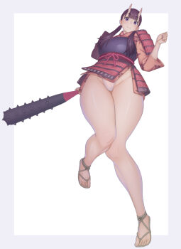 1girl armor bare_legs border breasts character_request club club_(weapon) commentary_request dungeon_meshi faulds feet female_focus from_below full_body grey_border hair_over_shoulder highleg holding holding_weapon horns inutade japanese_armor japanese_clothes kanabou kusazuri large_breasts light_smile long_legs looking_at_viewer low_twintails mole mole_under_eye muneate no_socks oni oni_horns outside_border panties plump ponte purple_eyes purple_hair sandals shoulder_armor simple_background smile sode solo spiked_club standing standing_on_one_leg thick_thighs thighs toes twintails underwear upskirt weapon white_background white_panties wide_hips