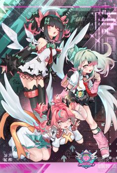 Rule 34 | 3girls, absurdres, angels of delusion, aqua hair, aqua streaks, aria (zenless zone zero), arm warmers, bare shoulders, black hair, black skirt, black thighhighs, blue eyes, blush, bow, breasts, checkered necktie, chinese commentary, colored inner hair, commentary, commentary request, detached sleeves, double v, dress, earrings, fingerless gloves, floating hair, frilled sleeves, frills, fur-trimmed skirt, fur-trimmed sleeves, fur trim, gloves, green bow, green eyes, green hair, green halo, hair bow, hair ornament, halo, heart, heart hair ornament, highres, jewelry, leg up, leg warmers, medium breasts, multicolored hair, multiple girls, multiple hair bows, multiple hair clips, musical note earrings, nangong yu, necktie, open mouth, pink arm warmers, pink bag, pink bow, pink gloves, pink hair, pink leg warmers, ponytail, red eyes, red necktie, shirt, short twintails, skirt, streaked hair, striped arm warmers, striped leg warmers, sunna (zenless zone zero), thighhighs, twintails, uesi hibana, v, white dress, white shirt, white wings, winged bag, wings, zenless zone zero