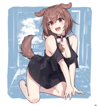 1girl :d absurdres animal_ears arm_support bare_shoulders barefoot black_choker black_shirt blush breasts breasts_squeezed_together brown_eyes brown_hair brown_tail choker cleavage clothing_cutout commentary_request dog_ears dog_girl dog_tail double-parted_bangs ears_up extra_ears fangs hair_between_eyes hair_ornament hair_over_shoulder highres hololive inugami_korone inugami_korone_(roomwear) jewelry kneeling large_breasts lifted_by_tail long_hair looking_at_viewer low_side_ponytail no_jacket no_pants o-ring o-ring_choker official_alternate_costume official_alternate_hairstyle open_mouth pendant pendant_choker pom_pom_(clothes) pom_pom_hair_ornament shirt shoulder_cutout smile solo t-shirt tail traveler_(artbbt) v_arms virtual_youtuber