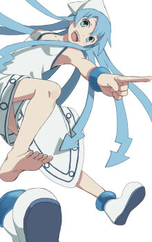 barefoot blue_eyes blue_hair bracelet dress dynamic_pose feet hat ikamusume jewelry kz-kura looking_at_viewer one_shoe_removed open_mouth pointing shinryaku!_ikamusume soles source_request squid squid_girl teeth tentacle_hair tentacles toes white_background