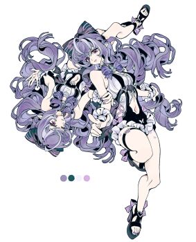 1girl arm_out_of_sleeve backless_swimsuit bow bowtie clothing_cutout covering_another dress_swimsuit highres one-piece_swimsuit pink_one-piece_swimsuit purple_bow purple_bowtie shoes sideboob_cutout solo stomach_cutout swimsuit vivian_banshee vivian_banshee_(iris_of_the_shore) white_one-piece_swimsuit xjgfhvg zenless_zone_zero