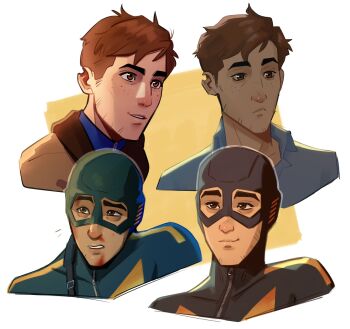 1boy blood blood_on_face blue_shirt bodysuit brown_eyes brown_hair brown_jacket closed_mouth collarbone collared_shirt commentary cropped_shoulders dispatch facial_hair frown highres jacket male_focus mask multiple_views noodles-and-tea nosebleed open_clothes open_shirt parted_lips robert_robertson shirt sideburns_stubble smile stubble superhero_costume symbol-only_commentary teeth zipper