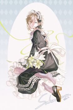 1boy apron black_dress black_shoes blue_eyes brown_hair colored_shoe_soles crossdressing crossdressing_(mtf) dress frilled_apron frilled_dress frills full_body hashtag-only_commentary high_heels highres kanae_(19th_costume)_(nijisanji) kanae_(nijisanji) maid maid_apron maid_headdress male_focus male_maid mole mole_under_eye nijisanji pantyhose saku_(lixinyi233) shoes sitting smile solo torn_clothes torn_pantyhose virtual_youtuber white_lily