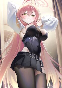 1girl absurdres alternate_costume arms_behind_head asymmetrical_legwear belt black_belt black_leotard black_pantyhose black_skirt black_thighhighs blue_archive blush breasts commentary_request green_eyes hair_between_eyes halo hanako_(blue_archive) highleg highleg_leotard highres large_breasts leotard long_hair looking_at_viewer mismatched_legwear pantyhose pink_hair pink_halo pleated_skirt r_aeel single_leg_pantyhose skirt solo strapless strapless_leotard thighhighs very_long_hair