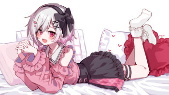 1girl bare_shoulders black_hairband black_skirt book_off commentary_request full_body gradient_hair grey_hair hairband highres long_sleeves looking_at_viewer lying mahou_shoujo_no_majo_saiban multicolored_hair official_alternate_costume on_stomach open_mouth pillow pink_hair pink_shirt sakuraba_ema shion_(yuyu3113) shirt short_hair skirt smile socks solo thigh_strap thighs two-tone_hair white_background white_socks