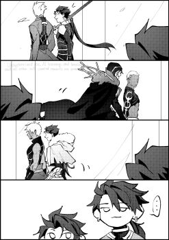 6+boys absurdres archer_(fate) archer_alter_(fate) buzz_cut cape code3755 commentary_request cu_chulainn_(caster)_(fate) cu_chulainn_(fate) cu_chulainn_(fate/prototype) cu_chulainn_(fate/stay_night) cu_chulainn_(lancer)_(fate) cu_chulainn_alter_(fate) dark-skinned_male dark_skin earrings emiya_alter faceless faceless_male facial_mark fate/grand_order fate/grand_order:_first_order fate_(series) fur-trimmed_cape fur_trim highres holding holding_polearm holding_weapon jewelry long_hair male_focus multiple_boys multiple_persona polearm ponytail setanta_(fate) short_hair very_long_hair very_short_hair watermark weapon