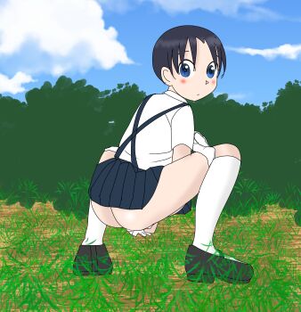 1girl absurdres ass black_hair black_shoes black_skirt blue_eyes blush cloud from_behind grass highres holding kneehighs loli looking_at_viewer looking_back mary_janes original panties panty_pull school_uniform sexless2012 shirt shoes short_hair short_sleeves skirt sky socks squatting suspender_skirt suspenders tissue tree underwear white_panties white_shirt white_socks wiping