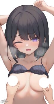 1girl absurdres armpits arms_up black_hair black_hair-chan_(ramchi) blush bra bra_lift censored censored_nipples clothes_lift collarbone commentary_request grabbing_another's_breast groping highres looking_at_viewer medium_hair midriff one_eye_closed original parted_lips pov pov_hands purple_eyes raised_inner_eyebrows ramchi saliva straight_hair sweat swept_bangs underwear upper_body white_background
