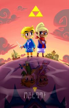 Rule 34 | 1boy, 1girl, alternate costume, bandaged wrist, bandages, blonde hair, boat, bow, bow (weapon), castle, cloud, crossed arms, dress, dual persona, eyebrows, green headwear, hat, highres, holding, holding bow (weapon), holding shield, holding weapon, island, link, looking at another, master sword, neckerchief, nintendo, pointy ears, princess zelda, red neckerchief, reflection, sandals, shield, shirt, shorts, sleeveless, sleeveless shirt, smile, sparkle, swammi, sword, tetra, the king of red lions, the legend of zelda, the legend of zelda: the wind waker, tiara, toon link, toon zelda, triforce, tunic, watercraft, weapon, windmill