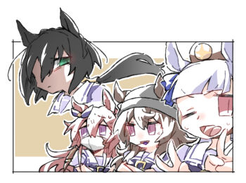 4girls :> ;d animal_ears beanie beer_hsk black_hair blue_bow bow brown_background brown_hat chibi closed_mouth commentary_request crossed_arms double_v ear_bow ear_ribbon ears_through_headwear food_in_mouth gold_ship_(umamusume) green_eyes grey_hair grey_hat hair_between_eyes hat kin'iro_ryotei_(umamusume) long_hair low_ponytail mask mini_hat mouth_mask multiple_girls nakayama_festa_(umamusume) one_eye_closed open_mouth orfevre_(old_design)_(umamusume) outline parted_lips ponytail puffy_short_sleeves puffy_sleeves purple_bow purple_eyes purple_ribbon purple_shirt red_eyes ribbon school_uniform shirt short_sleeves smile sweat tracen_school_uniform triangle_mouth two-tone_background umamusume v v-shaped_eyebrows very_long_hair white_background white_outline