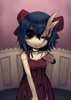 Rule 34 | 1girl, amputee, bags under eyes, blue hair, bow, choker, collarbone, colored eyelashes, dress, eyelashes, glasgow smile, hair between eyes, hair bow, highres, horns, looking at viewer, miside, mita (miside), one eye closed, open mouth, red bow, red dress, ringed eyes, ruu bot, scar, scar across eye, scar on face, scar on shoulder, single horn, skin-covered horns, solo, stitches, strap slip, tears, tiny mita (miside), torn clothes, torn dress, webp-to-png conversion