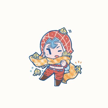 Rule 34 | 1boy, belt, boots, chibi, chibi only, commentary request, cropped sweater, flying sweatdrops, full body, guido mista, hat, highres, jojo no kimyou na bouken, kasasagi (hinagi), long sleeves, looking to the side, male focus, midriff, navel, one eye closed, open mouth, plaid clothes, plaid scarf, scarf, sex pistols (stand), stand (jojo), standing, standing on one leg, sweat, sweater, vento aureo