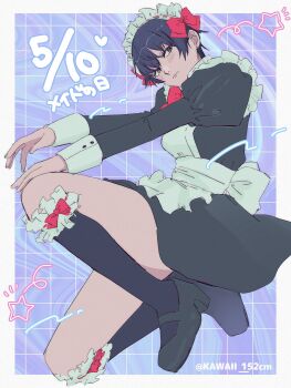 1girl apron black_dress black_socks blue_hair blush border bow closed_mouth commentary_request dated dress frilled_socks frills highres maid_headdress mary_janes persona persona_4 red_bow shirogane_naoto shoes short_hair socks solo translation_request twitter_username usa_(kawaii_152cm) white_apron white_border