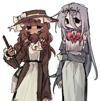 2girls apron arm_at_side arm_under_breasts ascot belt black_belt black_eyes blunt_bangs bow bowtie breasts brown_coat brown_hair brown_hat closed_mouth coat colored_skin commentary_request covered_mouth cowboy_shot dark-skinned_female dark_skin double-parted_bangs dress empty_eyes eunoia_(frozen_soul) expressionless frilled_apron frilled_hat frilled_sleeves frills frozen_soul grey_hair hair_between_eyes hair_bow hand_on_own_arm hat hat_bow highres holding jitome juliet_sleeves kkongchi1167263 korean_commentary long_hair long_hair_between_eyes long_sleeves looking_at_viewer maid multiple_girls nashatra_bealdhild no_pupils open_clothes open_coat puffy_sleeves red_bow red_bowtie roblox simple_background small_breasts standing tiara very_long_hair white_apron white_ascot white_background white_bow white_dress white_skin