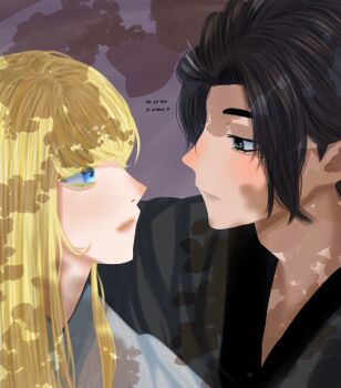 Rule 34 | 1boy, 1girl, annette (isekai shikkaku), artist name, black hair, blonde hair, blue eyes, dazai osamu (isekai shikkaku), elf, grey eyes, half-closed eyes, highres, isekai shikkaku, japanese clothes, long hair, looking at another, pink lips, pointy ears, short hair