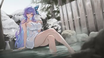 1girl 4meart0112 absurdres arm_support bare_shoulders blurry blush bottle breasts butterfly_hair_ornament cleavage collarbone commentary_request crossed_legs cup depth_of_field dutch_angle gradient_hair grey_sky hair_ornament hair_stick hand_on_own_chest hand_up head_tilt highres korean_commentary large_breasts legs looking_at_viewer mole mole_under_eye multicolored_hair naked_towel onsen outdoors parted_lips purple_eyes purple_hair rock shirai_kyoka sitting sky smile snow snowing soaking_feet solo steam thighs towel tree verita virtual_youtuber water wet wooden_wall