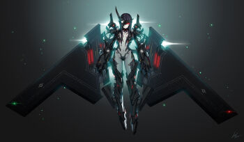 1girl aircraft airplane armor b-2_spirit black_hair bomber breasts collar colored_skin crotch female_focus flying_wing glowing glowing_eyes heavy_bomber highres kws mecha_musume military military_vehicle navel penetrator_(aircraft) personification red_eyes solo stealth stealth_aircraft stealth_bomber strategic_bomber white_skin