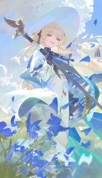 1girl absurdres black_gloves blonde_hair blue_petals blue_sash blue_sky commentary day gloves hand_up hat highres holding holding_staff long_hair long_sleeves looking_at_viewer modare open_mouth outdoors pantyhose petals phoebe_(wuthering_waves) sash shirt skirt sky smile solo staff white_hat white_pantyhose white_shirt white_skirt wind wuthering_waves