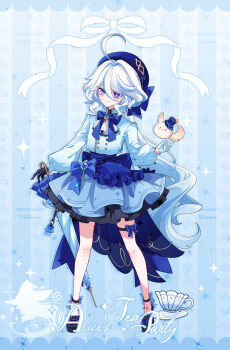 1girl ahoge alternate_costume artist_name asymmetrical_gloves black_gloves blue_background blue_bow blue_bowtie blue_dress blue_eyes blue_gem blue_hair blue_hat blue_umbrella bow bowtie buttons character_charm charm_(object) closed_mouth closed_umbrella commentary_request commission dodoco_(genshin_impact) double-breasted dress drop-shaped_pupils english_text full_body furina_(genshin_impact) gem genshin_impact gentilhomme_usher gloves hair_between_eyes hat heterochromia highres holding holding_umbrella huge_ahoge long_hair long_sleeves looking_at_viewer mismatched_gloves multicolored_hair qianhua_bingying smile streaked_hair symbol-shaped_pupils umbrella very_long_hair white_gloves white_hair