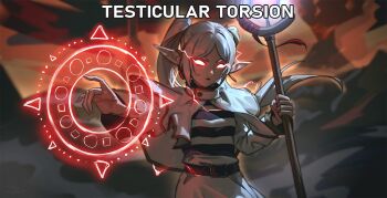 1girl belt black_belt capelet casting_spell elf english_text frieren glowing glowing_eyes holding holding_staff long_hair mage_staff magic magic_circle outdoors pointy_ears raikoart shirt skirt solo sousou_no_frieren spell staff striped_clothes striped_shirt testicular_torsion twintails white_capelet white_hair white_skirt