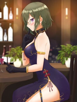 1girl absurdres armlet back_cutout bar_(place) black_gloves blue_dress blush breasts china_dress chinese_clothes clair_filandre cleavage_cutout clothing_cutout dress from_side glasses gloves gold_armlet green_hair highres iris_mysteria! medium_breasts plant potted_plant purple_eyes side_slit sigure_hazime sitting solo thighs