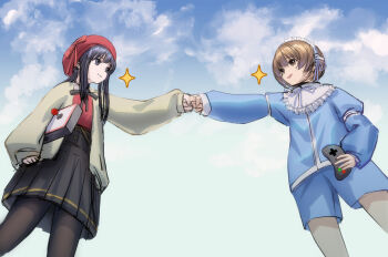 2girls alternate_costume arcade_stick beret black_eyes black_hair breasts brown_eyes brown_hair controller dargain_x fist_bump from_below game_controller hairband hat joystick legs looking_at_another multiple_girls nakoruru pantyhose rimururu samurai_spirits shorts siblings sisters skirt small_breasts smile snk thighs