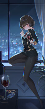 1girl alcohol arm_support black_jacket black_pantyhose black_shoes black_skirt black_survival blanc_(blanc97) blush bottle breasts brown_hair city cityscape colored_inner_hair commission cup curtains double-parted_bangs drinking_glass estelle_(black_survival) eternal_return:_black_survival grey_shirt high_heels highres holding jacket keycard long_sleeves looking_at_viewer medium_breasts military_uniform multicolored_hair necktie night orange_hair pantyhose red_eyes red_necktie shirt shoes short_hair skirt sky solo window wine wine_bottle wine_glass