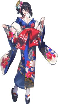 1girl black_hair blue_kimono code_geass code_geass:_boukoku_no_akito code_geass:_genesic_re;code floral_print floral_print_kimono full_body highres japanese_clothes kimono kousaka_ayano obi official_art open_mouth print_kimono purple_eyes sash short_hair simple_background smile solo transparent_background