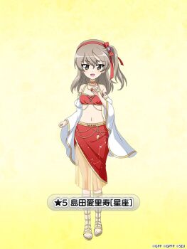 Rule 34 | 1girl, bare shoulders, blush, breasts, brooch, brown eyes, brown hair, character name, choker, collarbone, detached sleeves, full body, girls und panzer, girls und panzer senshadou daisakusen!, gladiator sandals, gradient background, hair between eyes, hair ornament, hair ribbon, halterneck, holding brooch, jewelry, layered skirt, legs, looking at viewer, medium hair, midriff, navel, necklace, official art, one side up, open mouth, red ribbon, red skirt, red tube top, ribbon, sandals, scorpio (zodiac), see-through clothes, see-through skirt, shimada arisu, skirt, small breasts, smile, standing, strapless, thighs, translated, tube top, white sleeves, wide sleeves, yellow background, zodiac