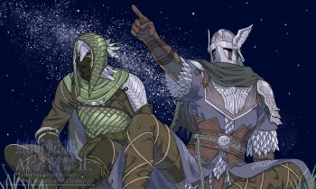 2boys arizuka_(catacombe) armor belt brown_belt brown_gloves brown_pants commentary_request elden_ring elden_ring_nightreign gloves helmet highres hood hood_up ironeye_(elden_ring) layered_sleeves long_sleeves mask mouth_mask multiple_boys night outdoors pants pointing pointing_forward short_over_long_sleeves short_sleeves sitting winged_helmet wylder_(elden_ring)