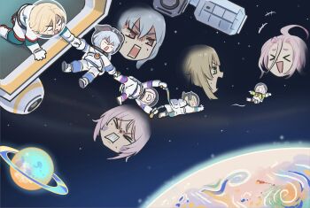 &gt;_&lt; 1boy 4girls aino_(genshin_impact) blonde_hair blue_hair citlali_(genshin_impact) facial_mark ganyu_(genshin_impact) genshin_impact gloves goat_horns green_eyes helmet highres horns kaveh_(genshin_impact) kirara_(genshin_impact) long_hair long_sleeves multiple_girls official_art pink_hair red_eyes space_helmet spacesuit white_gloves xinzoruo
