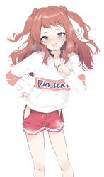 Rule 34 | 1girl, bare legs, blue eyes, blush, breath, brown hair, feet out of frame, gakuen idolmaster, hanami saki, highres, hip vent, idolmaster, long hair, long sleeves, looking at viewer, red shorts, ripu (lipi), shirt, shorts, simple background, solo, steaming body, sweat, two side up, white background, white shirt