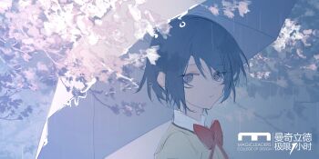 1girl absurdres blue_eyes blue_hair bow bowtie chinese_commentary collared_shirt commentary_request day dot_nose expressionless flower hair_between_eyes highres holding holding_umbrella layla_836829767 looking_at_viewer mahou_shoujo_madoka_magica mahou_shoujo_madoka_magica_(anime) miki_sayaka mitakihara_school_uniform outdoors parted_lips purple_flower rain red_bow red_bowtie school_uniform shirt short_hair solo tree umbrella umbrella_over_shoulder upper_body water_drop watermark white_umbrella wind wisteria yellow_shirt