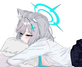 1girl animal_ear_fluff animal_ears blue_archive blue_eyes blue_halo blue_necktie blush breasts commentary_request cross cross_hair_ornament emjookang extra_ears grey_hair hair_ornament halo hugging_object inverted_cross korean_commentary lying medium_breasts medium_hair necktie on_stomach open_clothes open_shirt pillow shiroko_(blue_archive) shirt sideboob simple_background solo upper_body white_background white_shirt wolf_ears wolf_girl