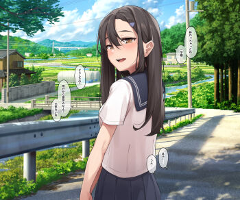 Rule 34 | 1girl, black hair, blue sailor collar, brown eyes, check commentary, commentary request, day, from behind, hair ornament, hairclip, highres, hill, house, long hair, looking at viewer, looking back, open mouth, original, outdoors, papino, pleated skirt, road, sailor collar, school uniform, serafuku, shirt, short sleeves, skirt, solo, speech bubble, straight hair, translation request, tree, white shirt