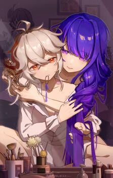 1boy 1girl absurdres ahoge alternate_costume antenna_hair bite_mark blue_pupils blunt_bangs bruise chinese_commentary closed_mouth collarbone couple dark_room bad_tag frilled_sleeves frills genshin_impact hair_between_eyes hair_intakes hair_tie_in_mouth hand_in_another's_hair head_tilt height_difference hetero hickey highres hug hug_from_behind huge_ahoge indoors injury kaedehara_kazuha leaning_forward leaning_on_person leaning_to_the_side light_smile long_hair long_sleeves looking_at_mirror looking_at_viewer makeup messy_hair mirror mole mole_under_eye mouth_hold multicolored_eyes multicolored_hair no_pants off_shoulder parted_lips pink_lips purple_eyes purple_hair purple_ribbon raiden_shogun red_eyes ribbon shade shirt sitting standing streaked_hair thighs upper_body wavy_hair white_hair white_shirt yinkooo