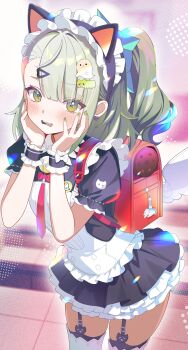 Rule 34 | 1girl, absurdres, animal ear hairband, animal ears, bell, black dress, black garter straps, blurry, blurry background, blush, cat ear hairband, cat ears, commentary, cowboy shot, dress, english commentary, fake animal ears, frilled dress, frilled sleeves, frills, garter straps, ghost hair ornament, green eyes, green hair, green nails, hair ornament, hairband, hands on own cheeks, hands on own face, heart, heart hair ornament, highres, looking at viewer, maid, maid headdress, motsunuki, multiple hair clips, neck bell, official alternate costume, open mouth, ponytail, red bag, solo, sunna (afternoon tea break) (zenless zone zero), sunna (zenless zone zero), white wings, winged bag, wings, zenless zone zero